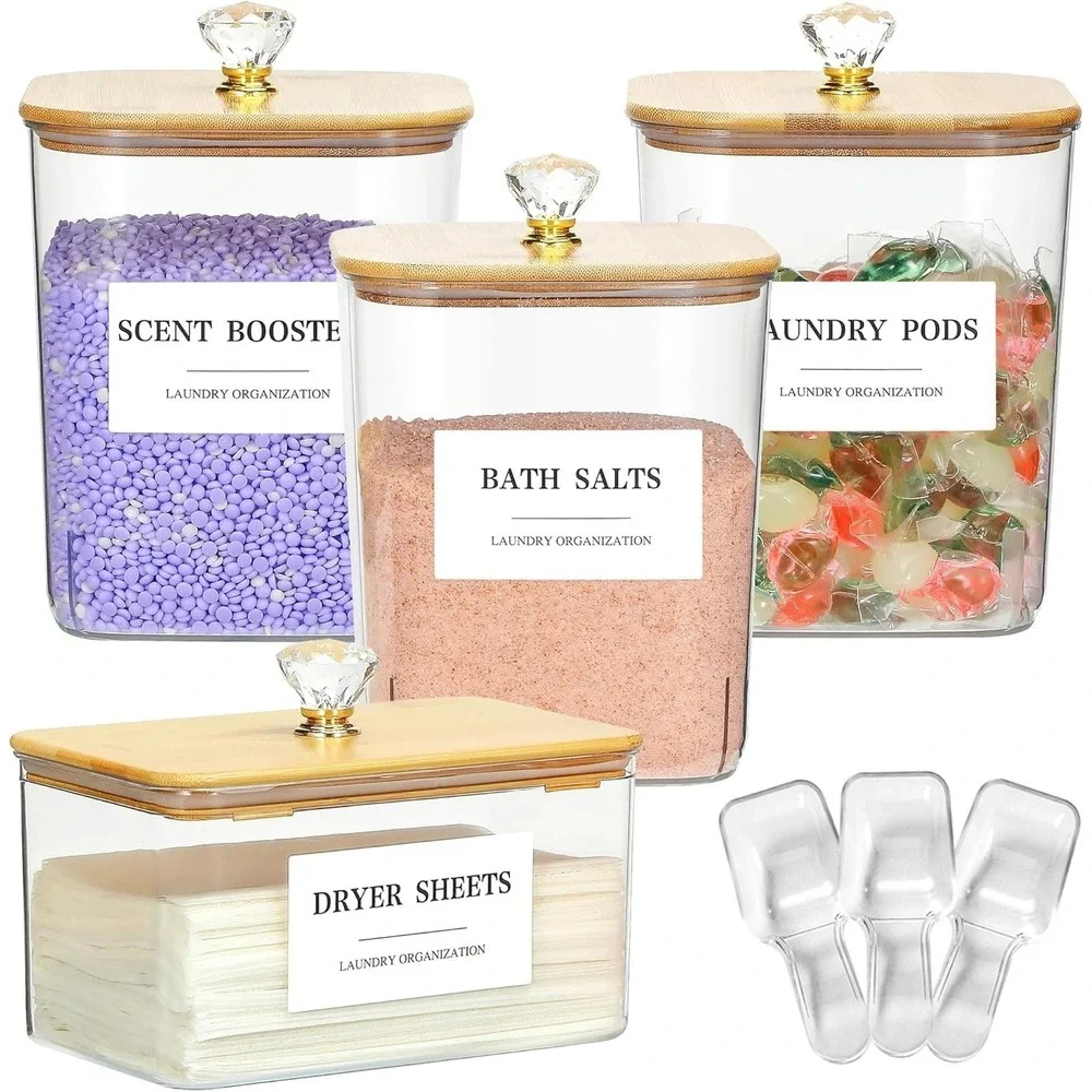 4 Pack Clear Laundry Pods Container & Dryer Sheet‎ Holder Set with Lid